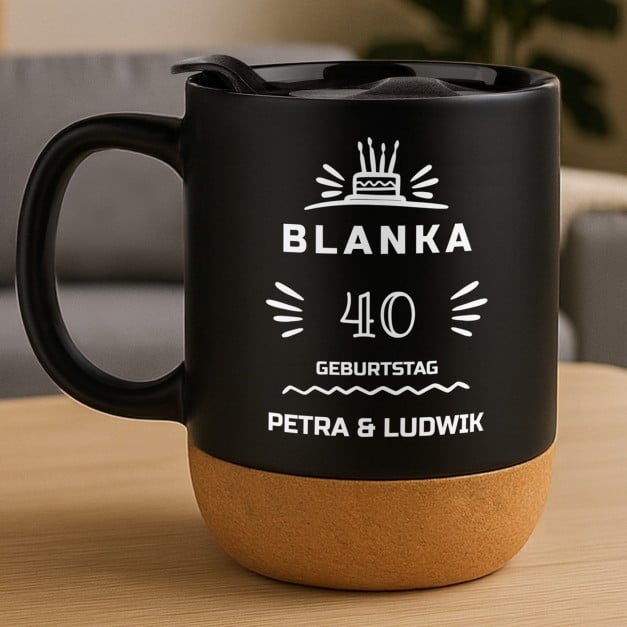 Kaffeebecher mit Aufdruck Schwarz/Matt mit Korkboden zum 40. Geburtstag