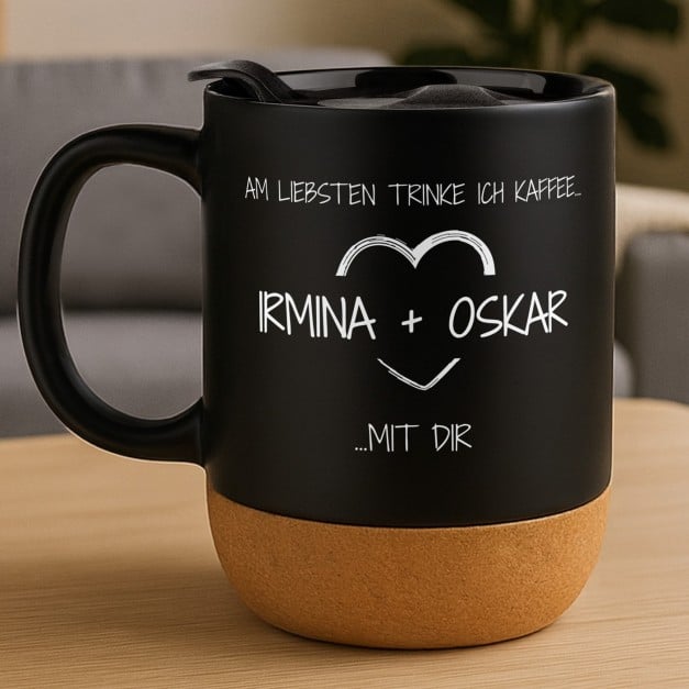 Kaffeebecher mit Aufdruck Schwarz/Matt mit Korkboden für ein Paar zum Hochzeitstag, Valentinstag, zur Einweihungsparty