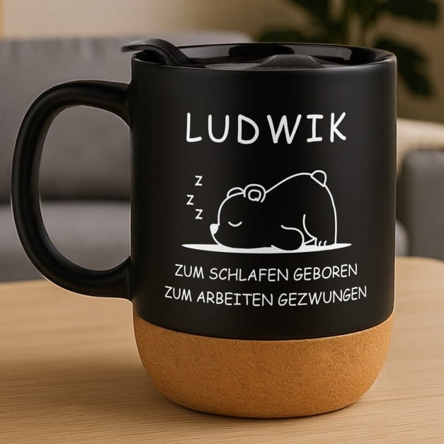 Kaffeebecher mit Aufdruck Schwarz/Matt mit Korkboden für einen Schlafmütze