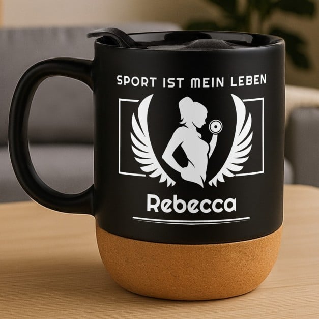 Kaffeebecher mit Aufdruck Schwarz/Matt mit Korkboden für eine Fitnessfrau Sportlerin