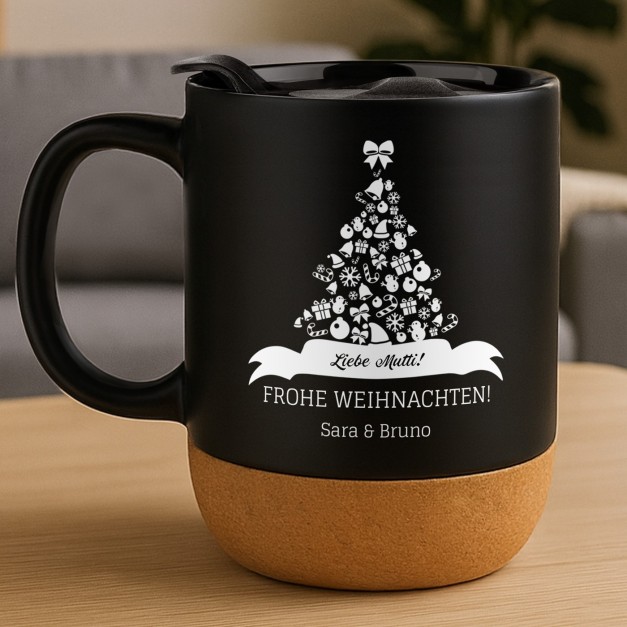 Kaffeebecher mit Aufdruck Schwarz/Matt mit Korkboden für Ihre Mama zum Weihnachtsfest
