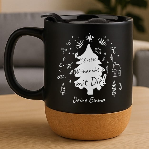 Kaffeebecher mit Aufdruck Schwarz/Matt mit Korkboden für Ihren Ehemann Freund zu Weihnachten