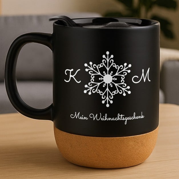 Kaffeebecher mit Aufdruck Schwarz/Matt mit Korkboden für ein Paar zu Weihnachten