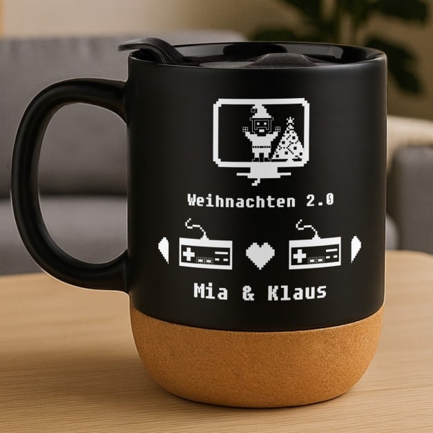 Kaffeebecher mit Aufdruck Schwarz/Matt mit Korkboden für Gamers zu Weihnachten