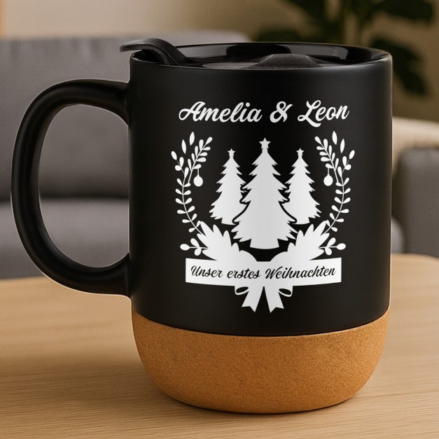 Kaffeebecher mit Aufdruck Schwarz/Matt mit Korkboden für ein Paar zu Weihnachten