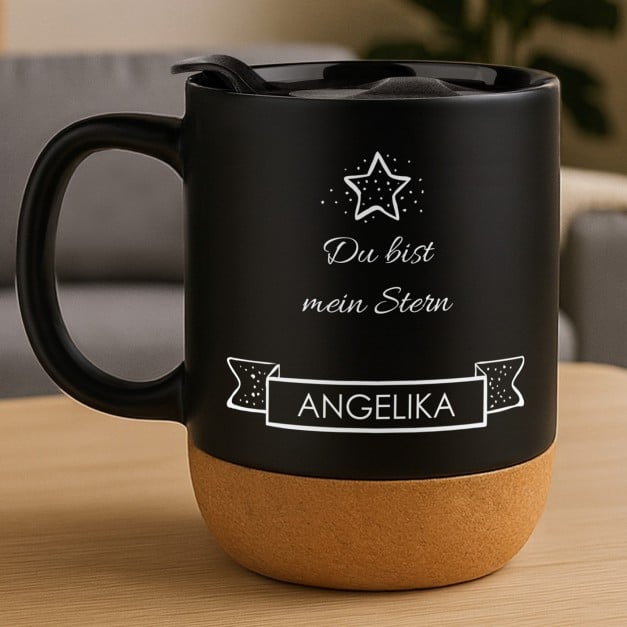 Kaffeebecher mit Aufdruck Schwarz/Matt mit Korkboden für sie Mädchen zu Weihnachten zum Ehrentag
