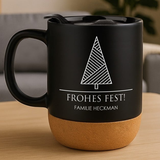 Kaffeebecher mit Aufdruck Schwarz/Matt mit Korkboden für Ihre Eltern zu Weihnachten