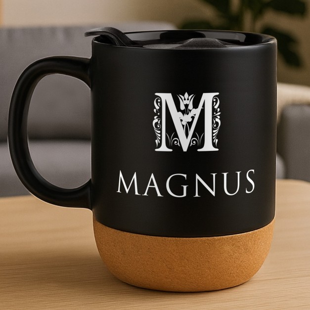 Kaffeebecher mit Aufdruck Schwarz/Matt mit Korkboden für ihn zum Geburtstag Initiale