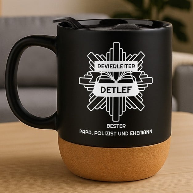 Kaffeebecher mit Aufdruck Schwarz/Matt mit Korkboden für einen Polizisten Ihren Papa Ehemann