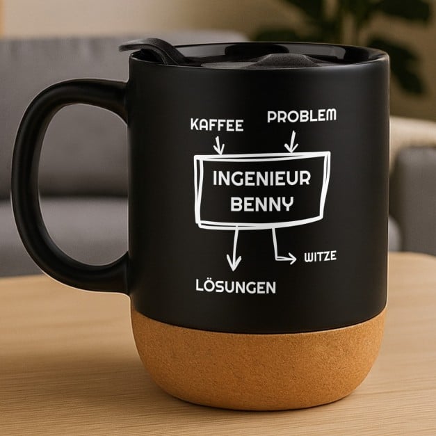 Kaffeebecher mit Aufdruck Schwarz/Matt mit Korkboden für einen Ingenieur