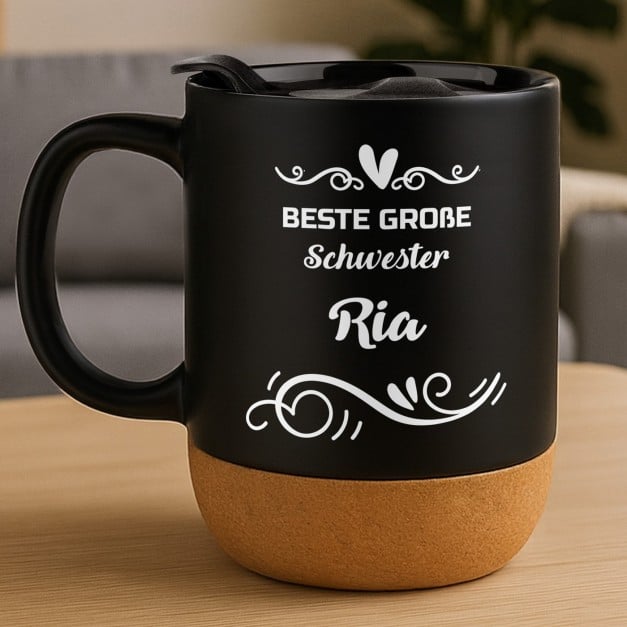 Kaffeebecher mit Aufdruck Schwarz/Matt mit Korkboden für Ihr Schwesterherz