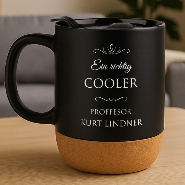 Kaffeebecher mit Aufdruck Schwarz/Matt mit Korkboden für Ihren Betreuer der Masterarbeit