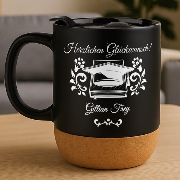 Kaffeebecher mit Aufdruck Schwarz/Matt mit Korkboden zum Hochschulabschluss
