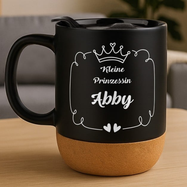 Kaffeebecher mit Aufdruck Schwarz/Matt mit Korkboden für ein Mädchen zum Kindertag