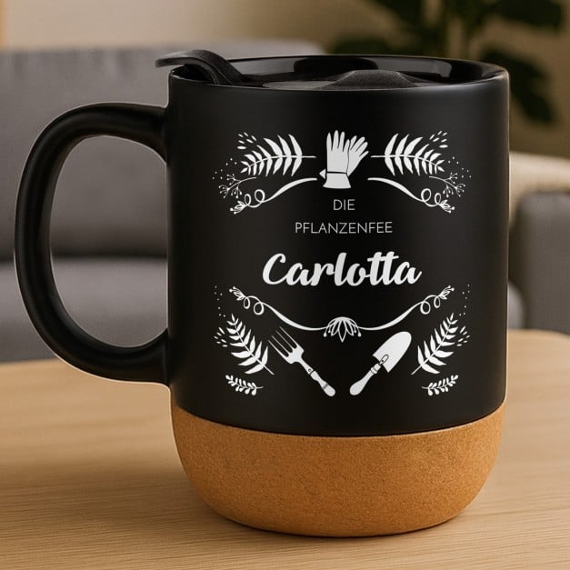 Kaffeebecher mit Aufdruck Schwarz/Matt mit Korkboden für sie eine Gärtnerin