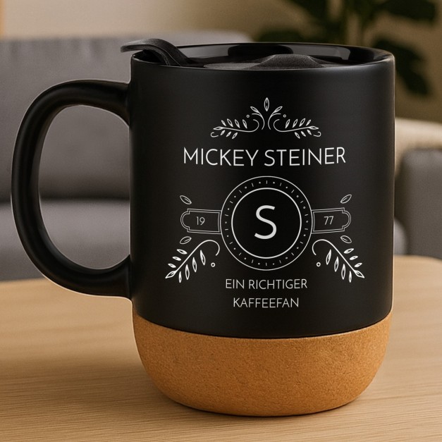 Kaffeebecher mit Aufdruck Schwarz/Matt mit Korkboden für Ihren Vater Ehemann zum Geburtstag