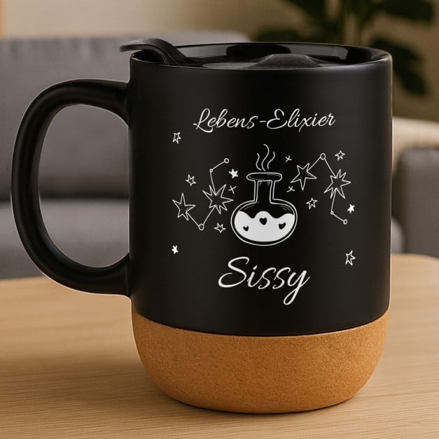 Kaffeebecher mit Aufdruck Schwarz/Matt mit Korkboden für sie zum Ehrentag