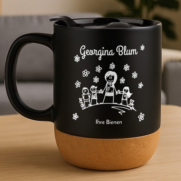Kaffeebecher mit Aufdruck Schwarz/Matt mit Korkboden für Ihre Kindergärtnerin Klassenlehrerin