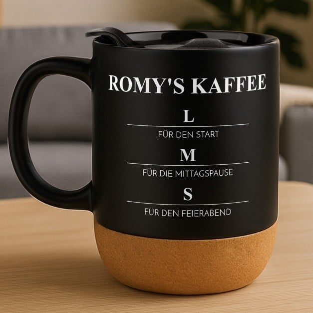 Kaffeebecher mit Aufdruck Schwarz/Matt mit Korkboden für sie zum Geburtstag zum neuen Job
