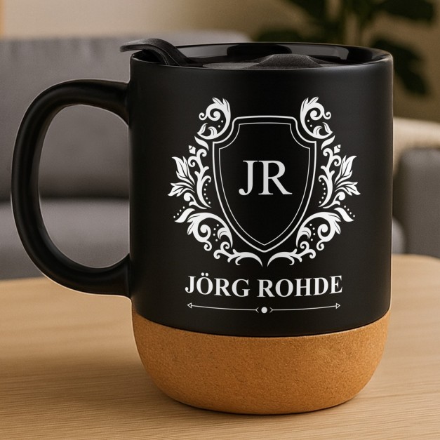 Kaffeebecher mit Aufdruck Schwarz/Matt mit Korkboden für einen Gentleman zum Geburtstag