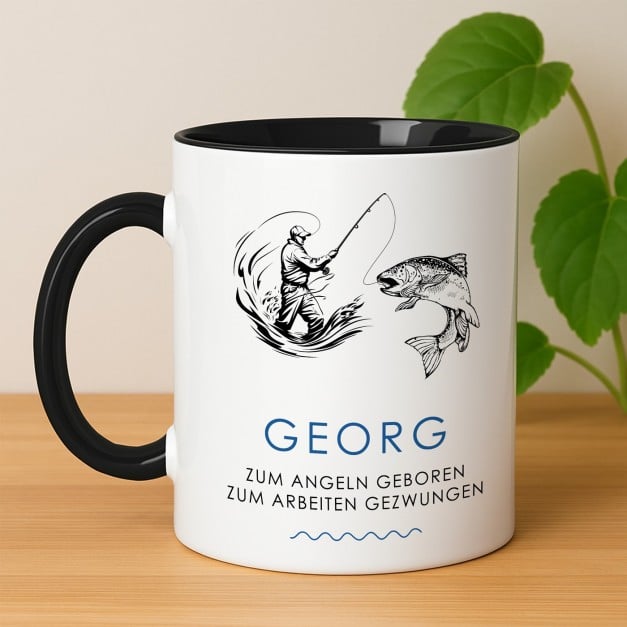 Kaffeebecher mit Aufdruck Weiß/Glänzend Innen Schwarz für einen Angler