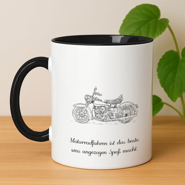 Kaffeebecher mit Aufdruck Weiß/Glänzend Innen Schwarz für einen Motorradfahrer