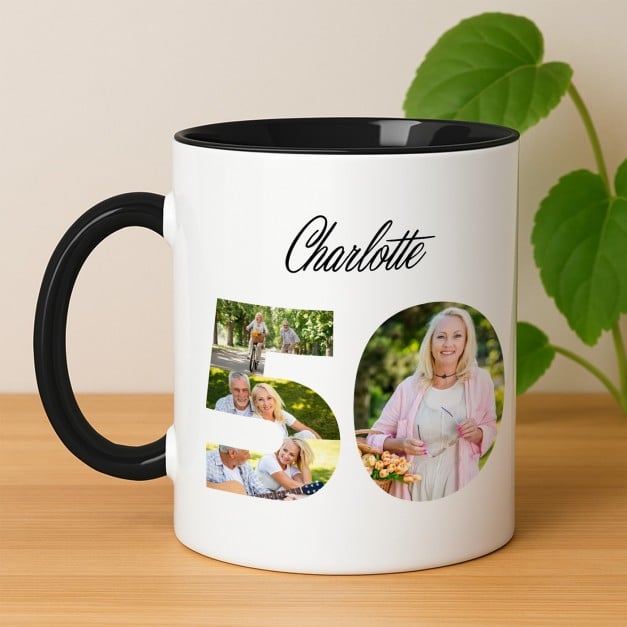 Kaffeebecher mit Aufdruck Weiß/Glänzend Innen Schwarz für sie zum 50. Geburtstag