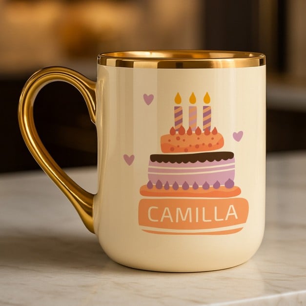 Kaffeebecher mit Goldakzenten und Aufdruck für sie zum Geburtstag