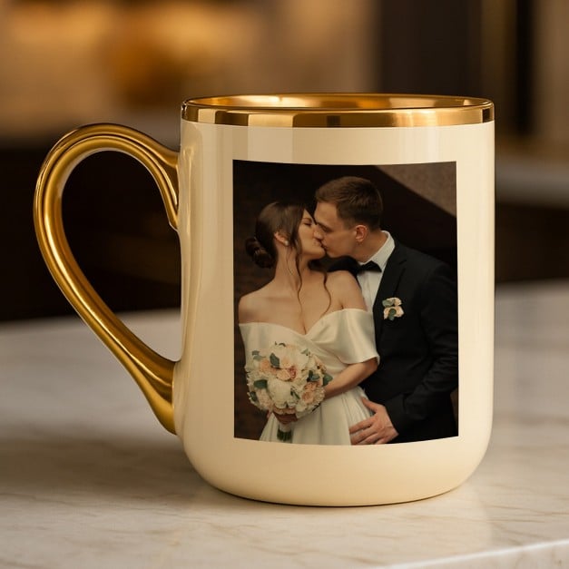 Kaffeebecher mit Goldakzenten und Foto für ein Liebespaar zum Valentinstag Jahrestag