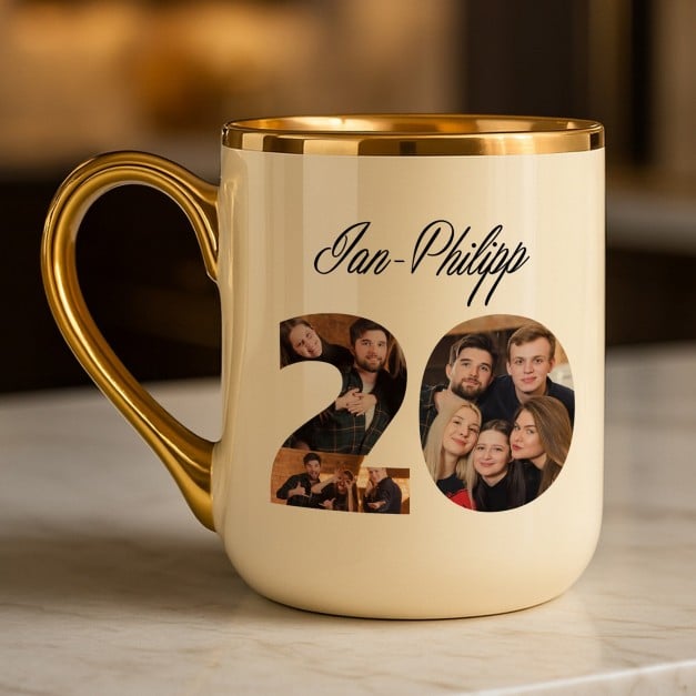 Kaffeebecher mit Goldakzenten und Foto für ihn zum 20. Geburtstag