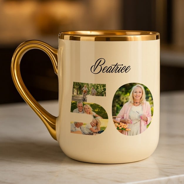 Kaffeebecher mit Goldakzenten und Foto für sie zum 50. Geburtstag