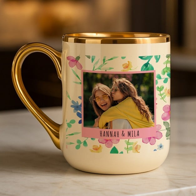 Kaffeebecher mit Goldakzenten und Foto für Ihre beste Freundin zum Geburtstag