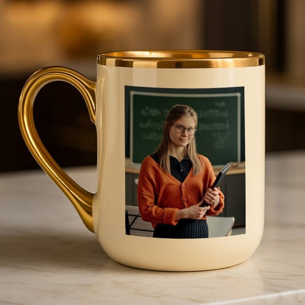 Kaffeebecher mit Goldakzenten und Foto für eine Pädagogin, Lehrerin oder Erzieherin zum Arbeitsjubiläum