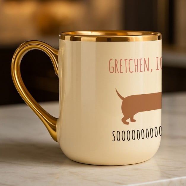 Kaffeebecher mit Goldakzenten und Aufdruck für sie zum Jahrestag