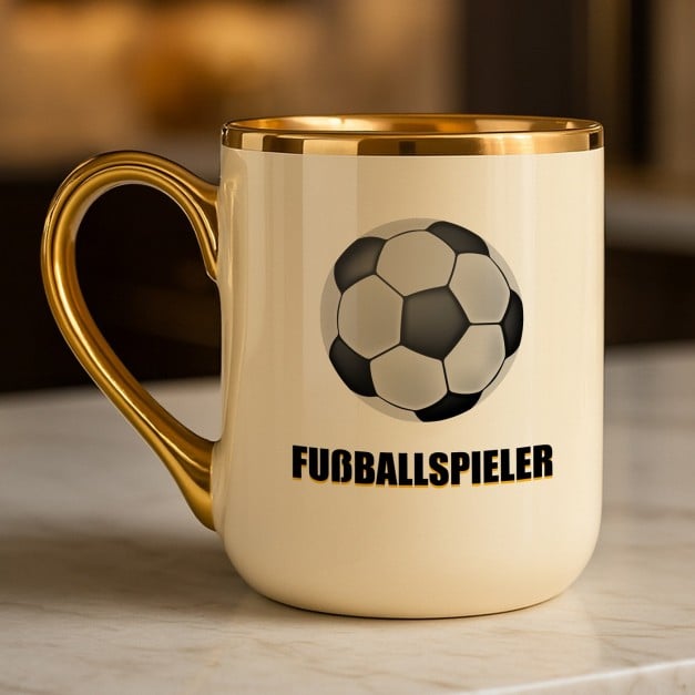 Kaffeebecher mit Goldakzenten und Aufdruck für einen Fußballfan zum Geburtstag