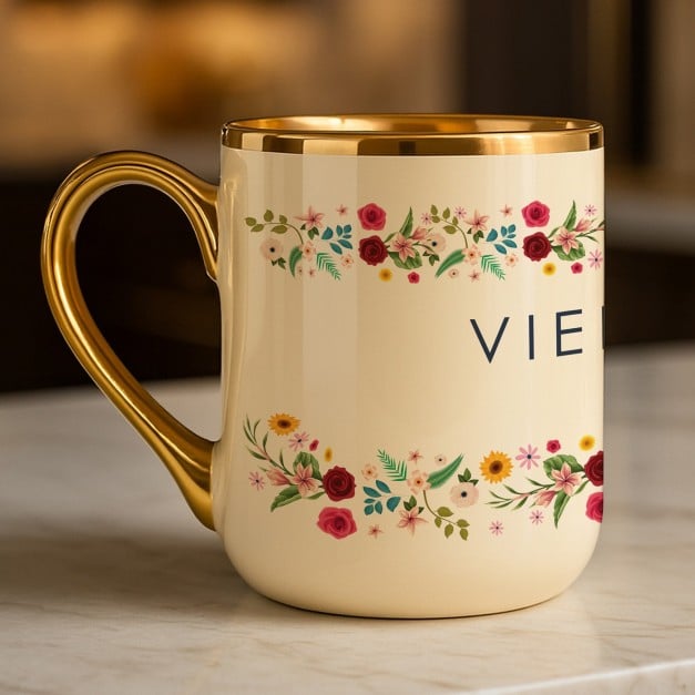 Kaffeebecher mit Goldakzenten und Aufdruck für Ihre Freundin als Dankeschön