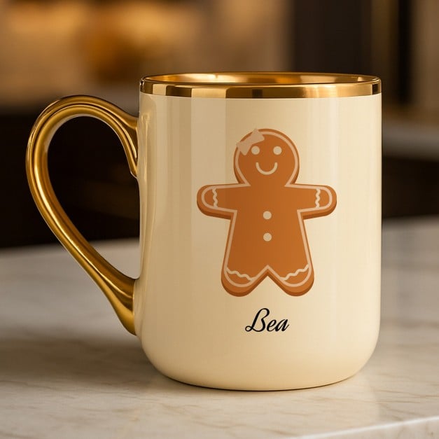 Kaffeebecher mit Goldakzenten und Aufdruck für sie mit Lebkuchen zu Weihnachten