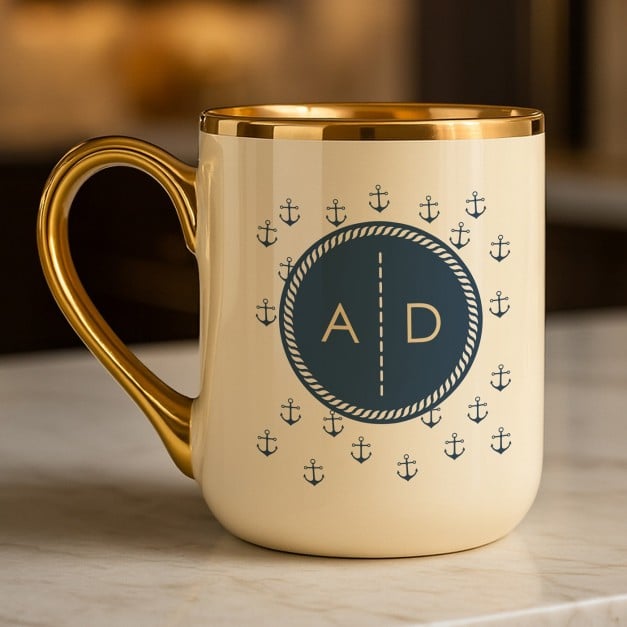 Kaffeebecher mit Goldakzenten und Aufdruck für einen Seemann Kapitän