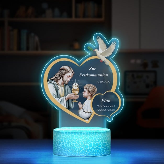 Nachtlicht mit buntem Aufdruck und LED-Sockel für einen Jungen zur Heiligen Erstkommunion