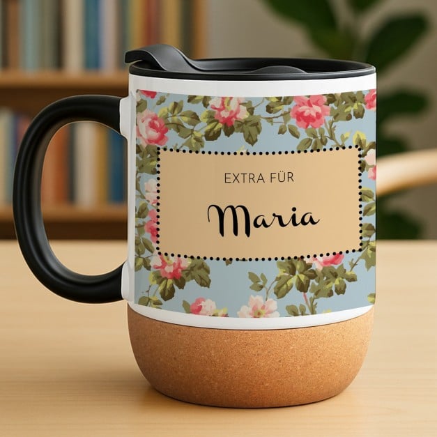 Kaffeebecher mit Aufdruck Weiß/Glänzend mit Korkboden für sie zum Namenstag