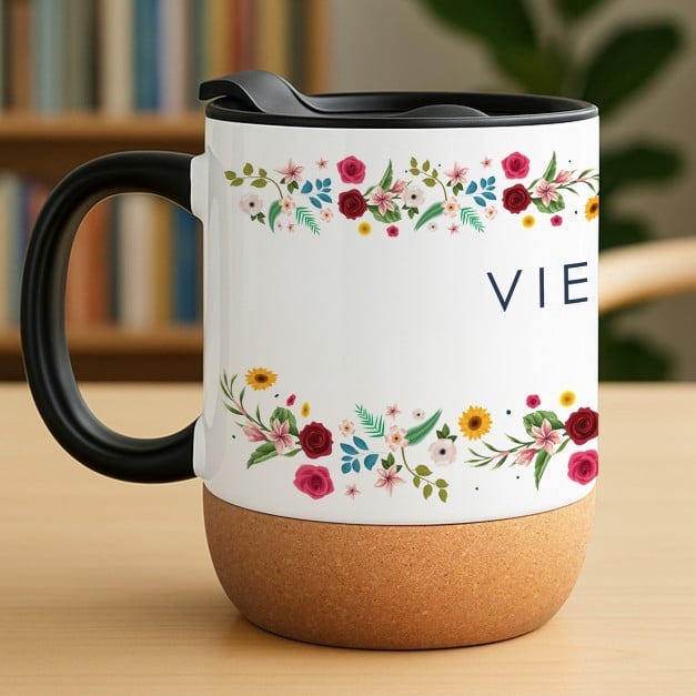 Kaffeebecher mit Aufdruck Weiß/Glänzend mit Korkboden für sie als Dankeschön