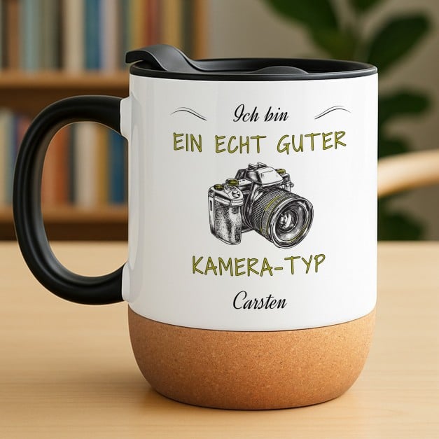 Kaffeebecher mit Aufdruck Weiß/Glänzend mit Korkboden für einen Fotografen zum Geburtstag