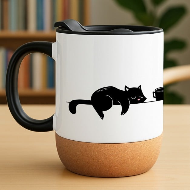 Kaffeebecher mit Aufdruck Weiß/Glänzend mit Korkboden für eine Katzenmama zum Geburtstag
