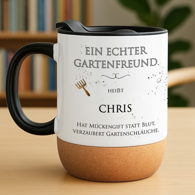 Kaffeebecher mit Aufdruck Weiß/Glänzend mit Korkboden für einen Gärtner Gartenfreund