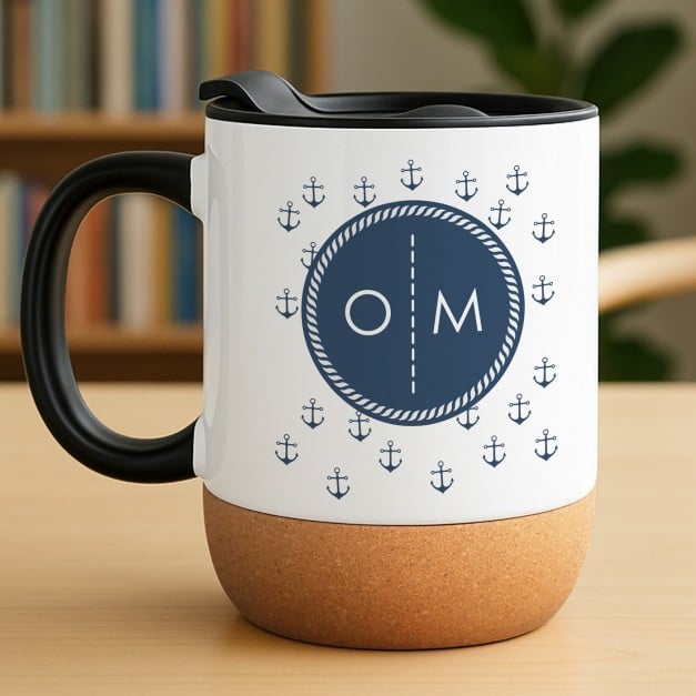 Kaffeebecher mit Aufdruck Weiß/Glänzend mit Korkboden für einen Seemann Kapitän
