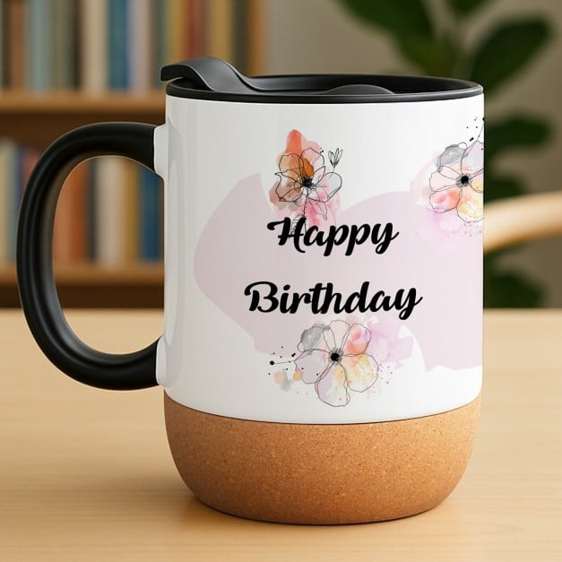 Kaffeebecher mit Aufdruck Weiß/Glänzend mit Korkboden für sie zum Geburtstag