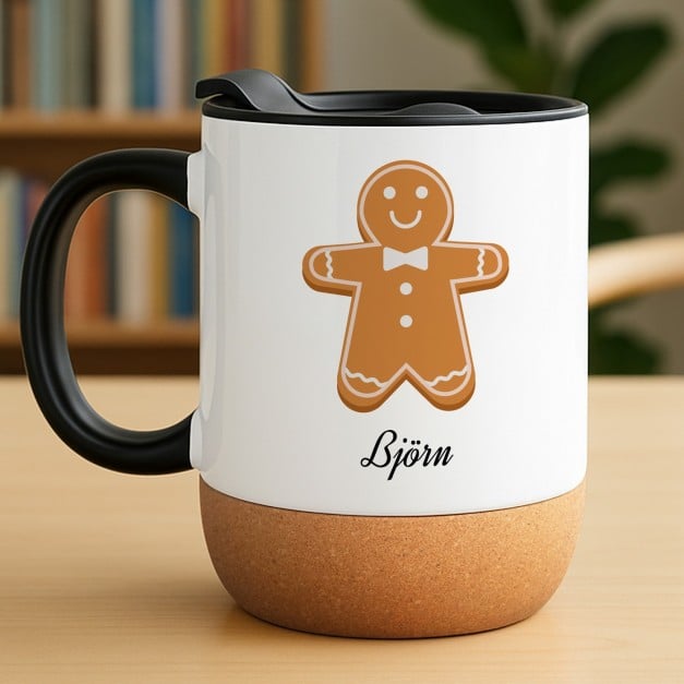 Kaffeebecher mit Aufdruck Weiß/Glänzend mit Korkboden für ihn mit Lebkuchen zu Weihnachten