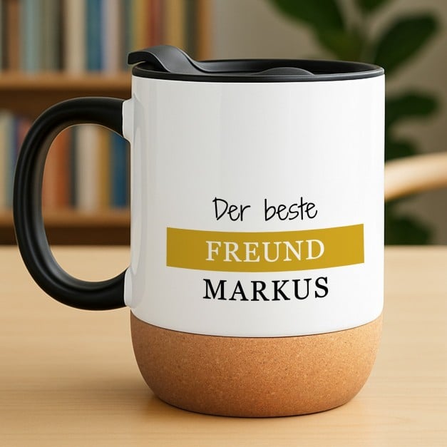 Kaffeebecher mit Aufdruck Weiß/Glänzend mit Korkboden für einen Jungen zum Jungentag