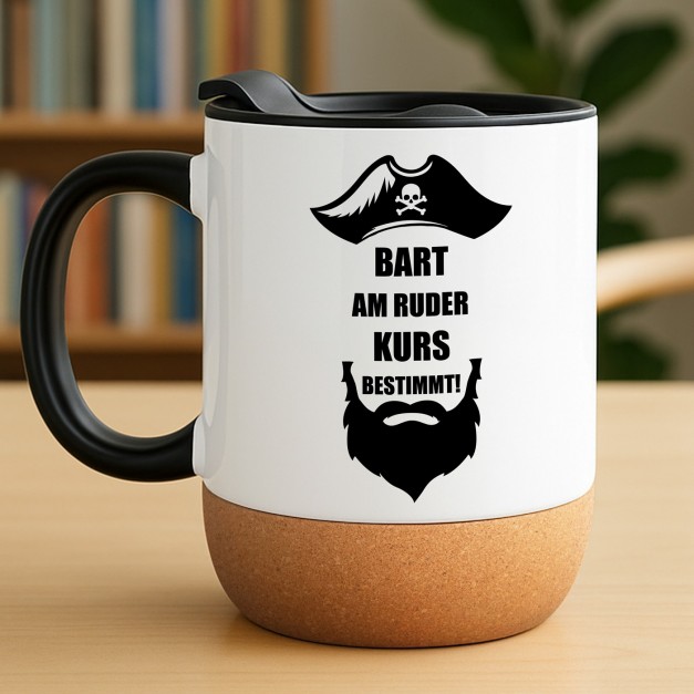 Kaffeebecher mit Aufdruck Weiß/Glänzend mit Korkboden für ihn, Bartträger, Piraten zum Jahrestag