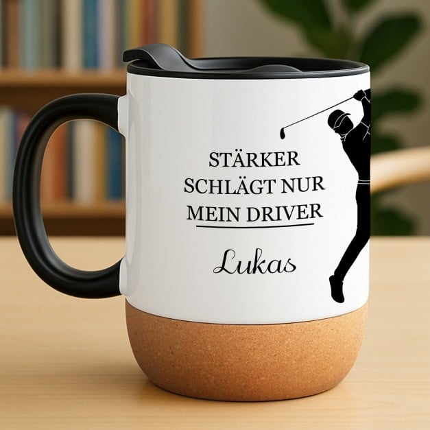 Kaffeebecher mit Aufdruck Weiß/Glänzend mit Korkboden für ihn, einen Golfer zum Geburtstag